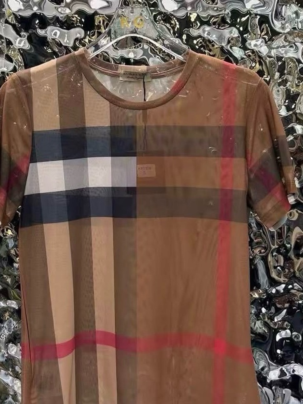 Burberry-style sheer check mesh short-sleeve top